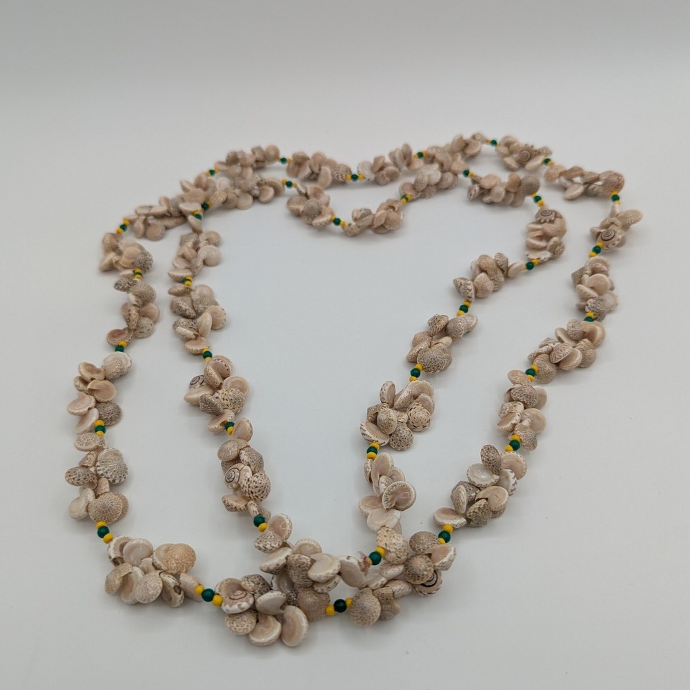 Vintage Long Shell Lei Necklace Green Yellow Seed Beads Boho Coastal 60 Inch